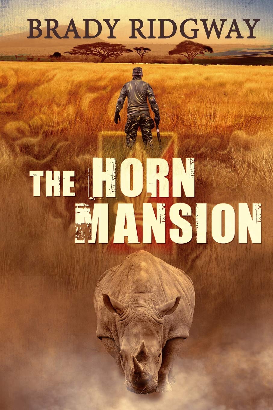 The Horn Mansion book cover – military thriller featuring a charging rhino in African grassland